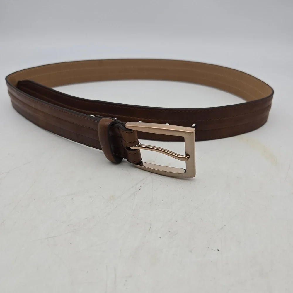 Structure Belt Brown Syn Leather Dress Stitched Mens 36 Copper Tone Buckle NWOT